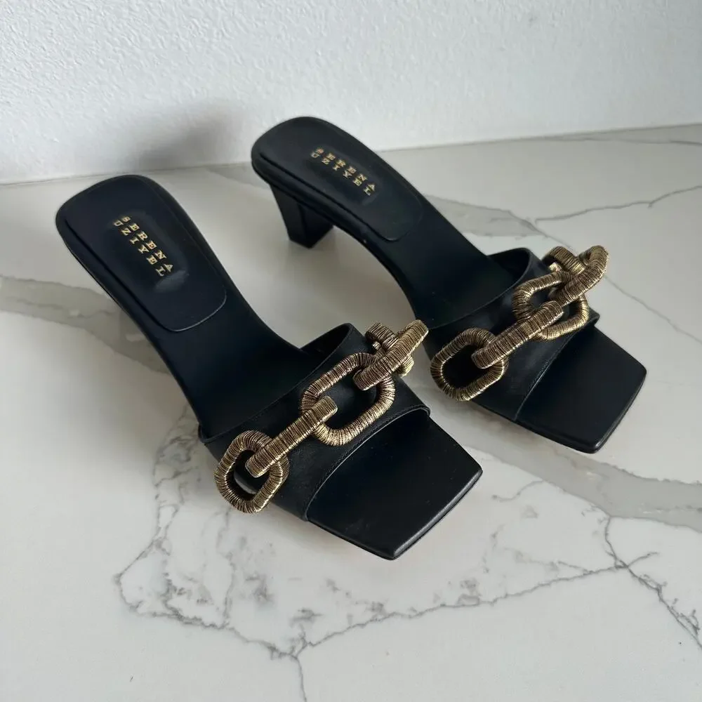 Serena Uziyel Catena Black & Gold Mid-Heel Sandal Size 38
